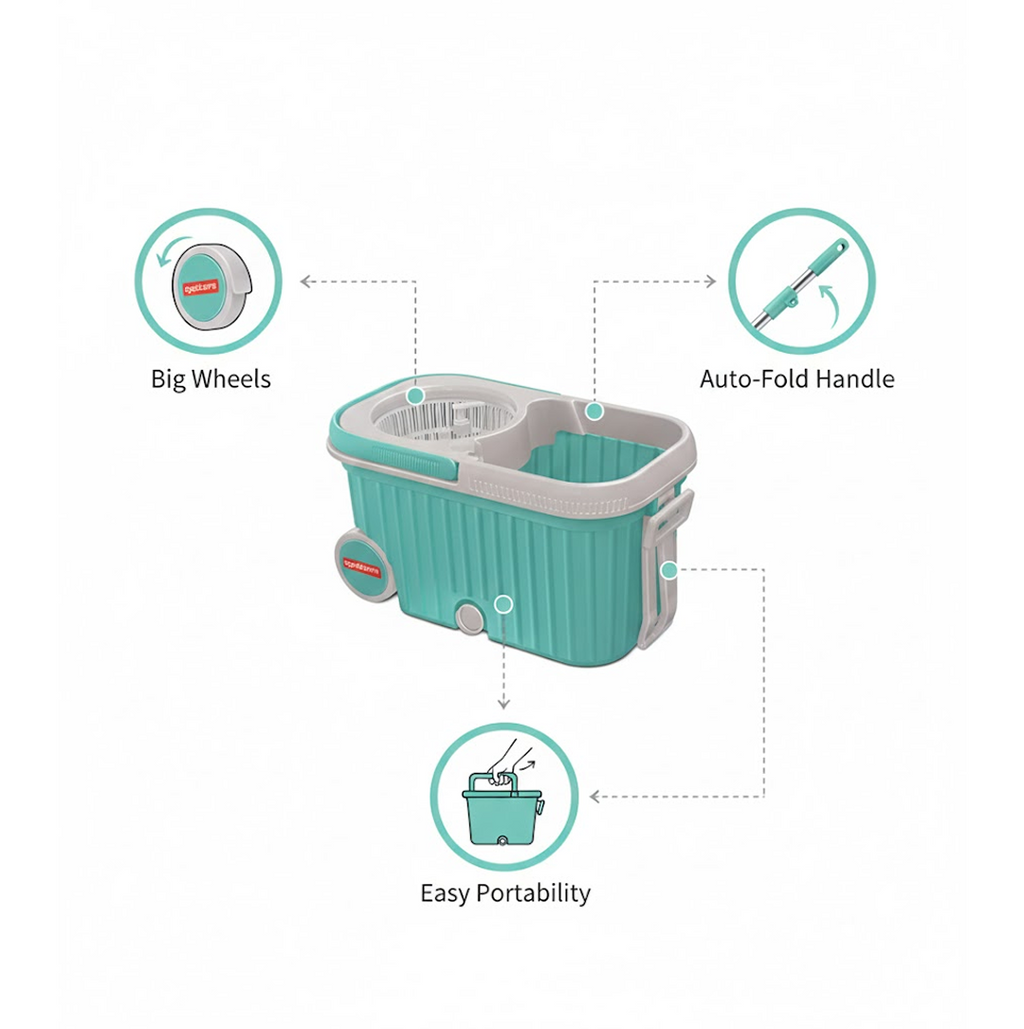 Spin Mop with Bigger Wheels and Plastic Auto Fold Handle for 360 Degree Cleaning