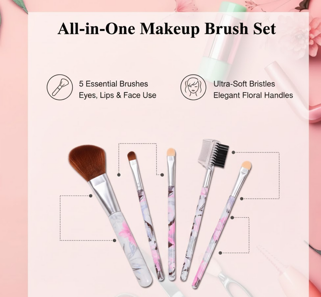 Floral Makeup Brush Set for Eyes, Lips, and Face (5 Pc)