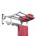Stainless steel folding towel rack with towel bar, 18 inches for bathroom storage.