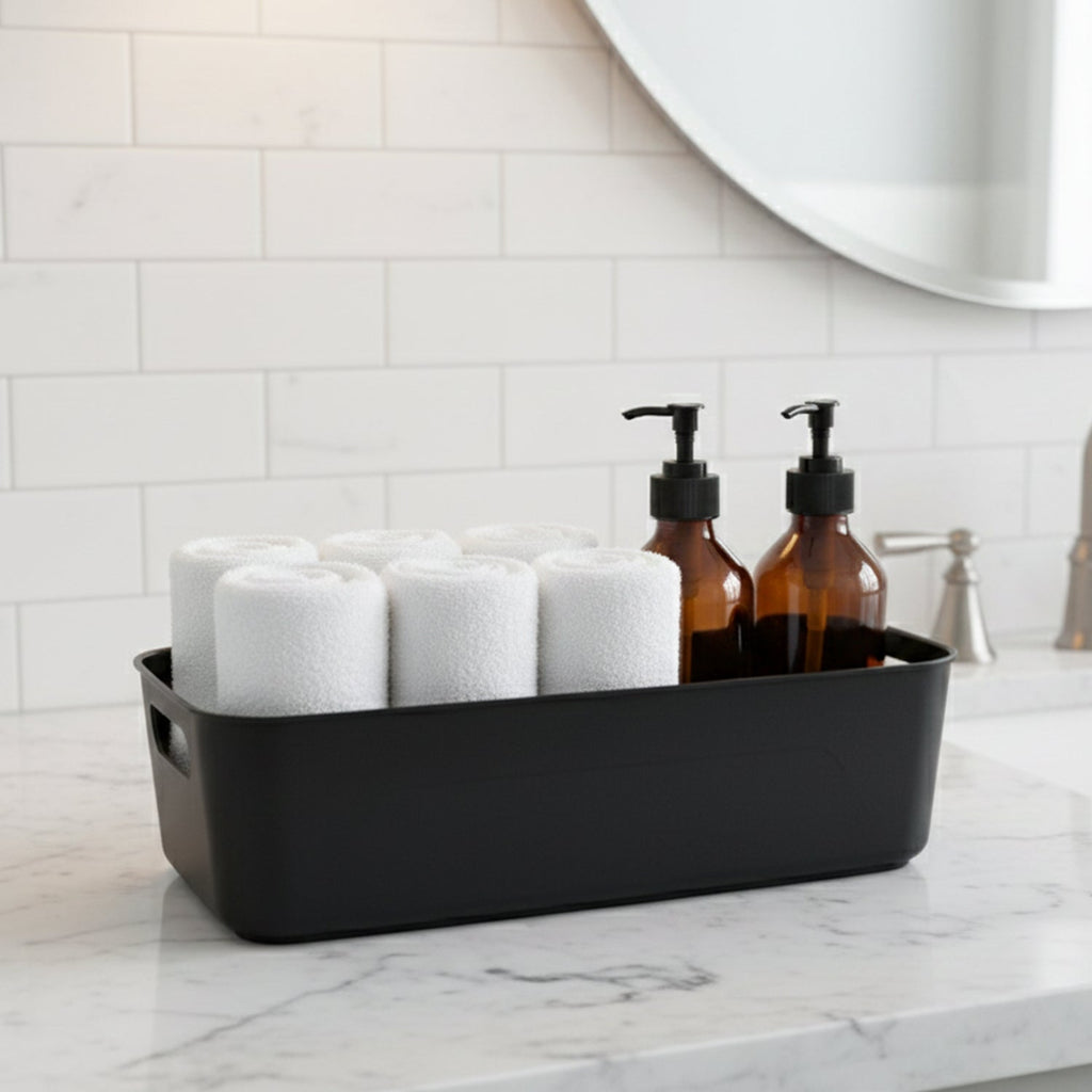 Black Plastic Storage Basket Tray Set (4 Pcs)